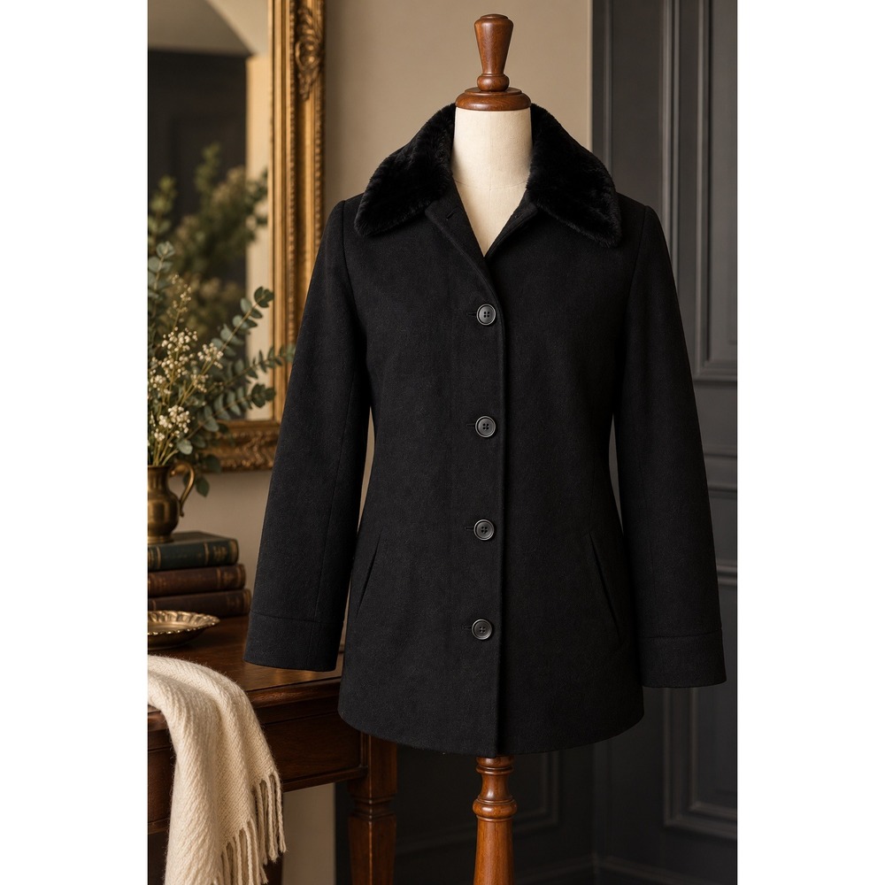 Vintage Eddie Bauer Y2K Black Wool Blend Car Coat Faux Fur Collar Jacket M